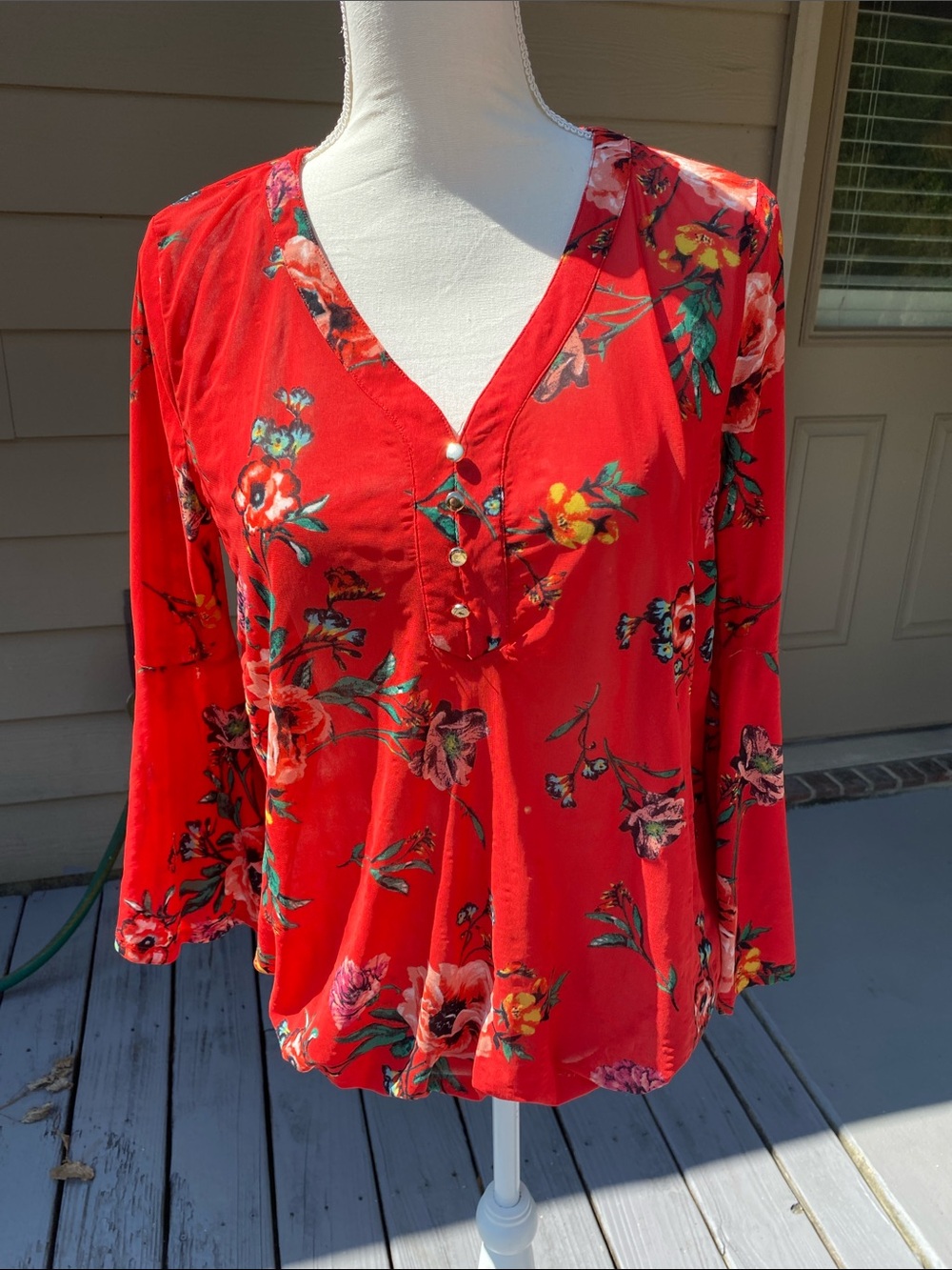 4/$20 sheer red floral blouse with bell sleeves